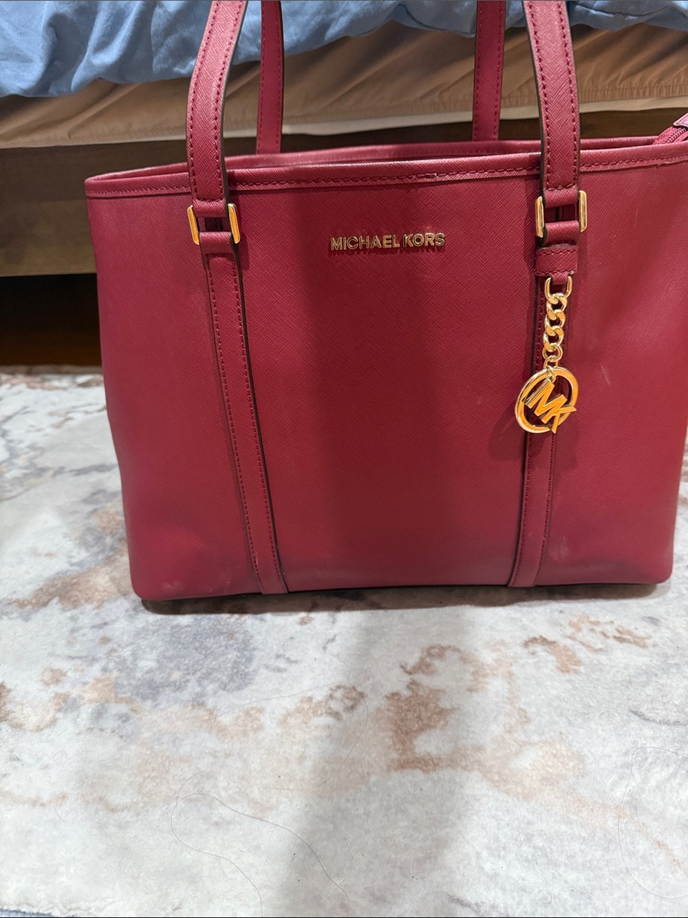 Michael Kors Cherry Red Saffiano Tote with Gold MK Charm